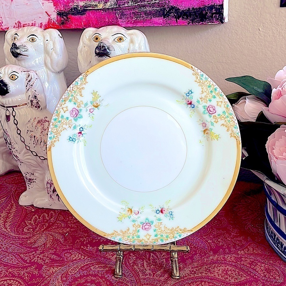 Hand Painted Porcelain Salad Plate Japan Flowers Gold Green Pink Yellow Set of 3